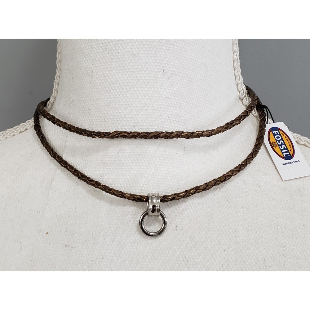 NEW Fossil Brand layered braided brown leather necklace choker surfer y2k dainty